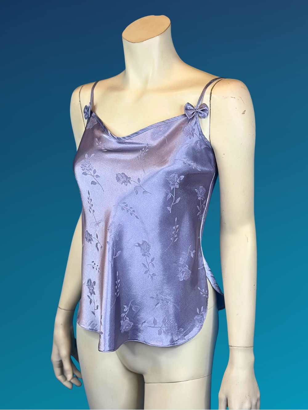 90s Lavender Satin Cami Floral Jacquard Slip Top | XS S - Picture 7 of 10